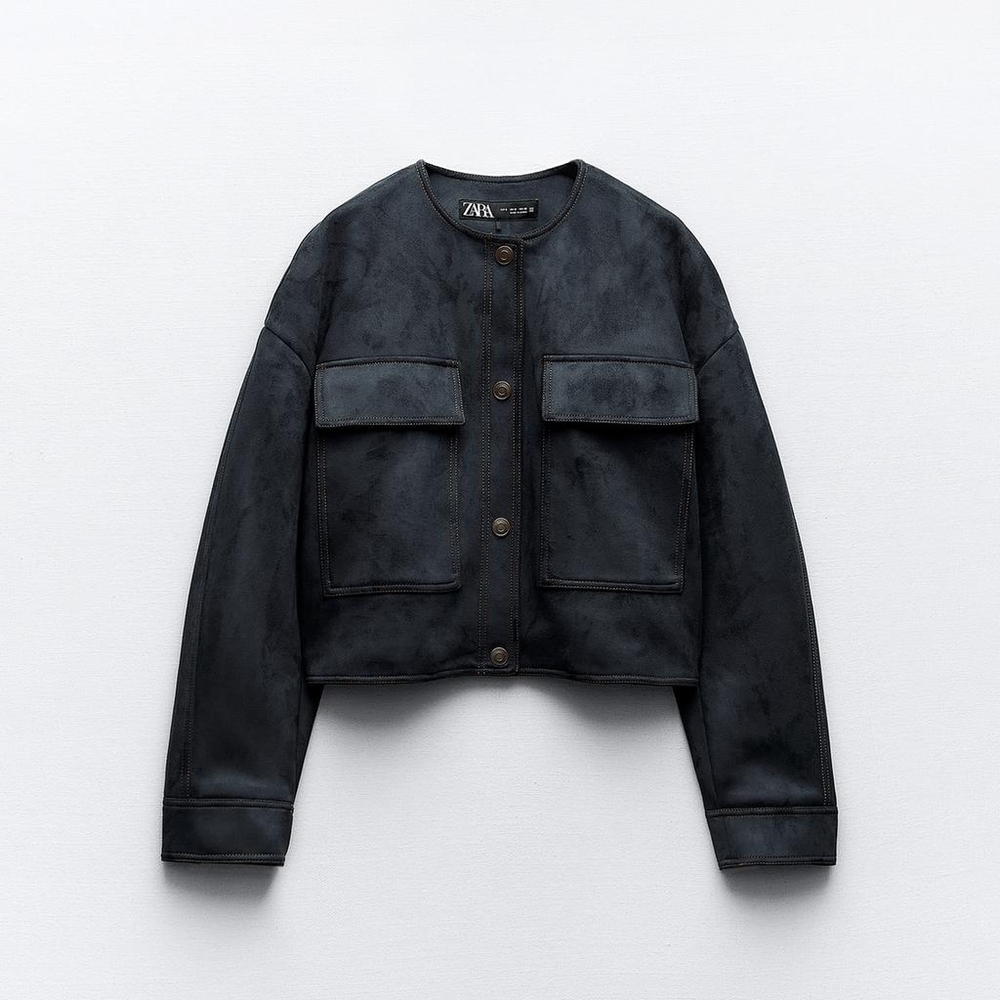 Zara FAUX SUEDE JACKET WITH CONTRAST TOPSTITCHING Size Medium - Picture 4 of 13